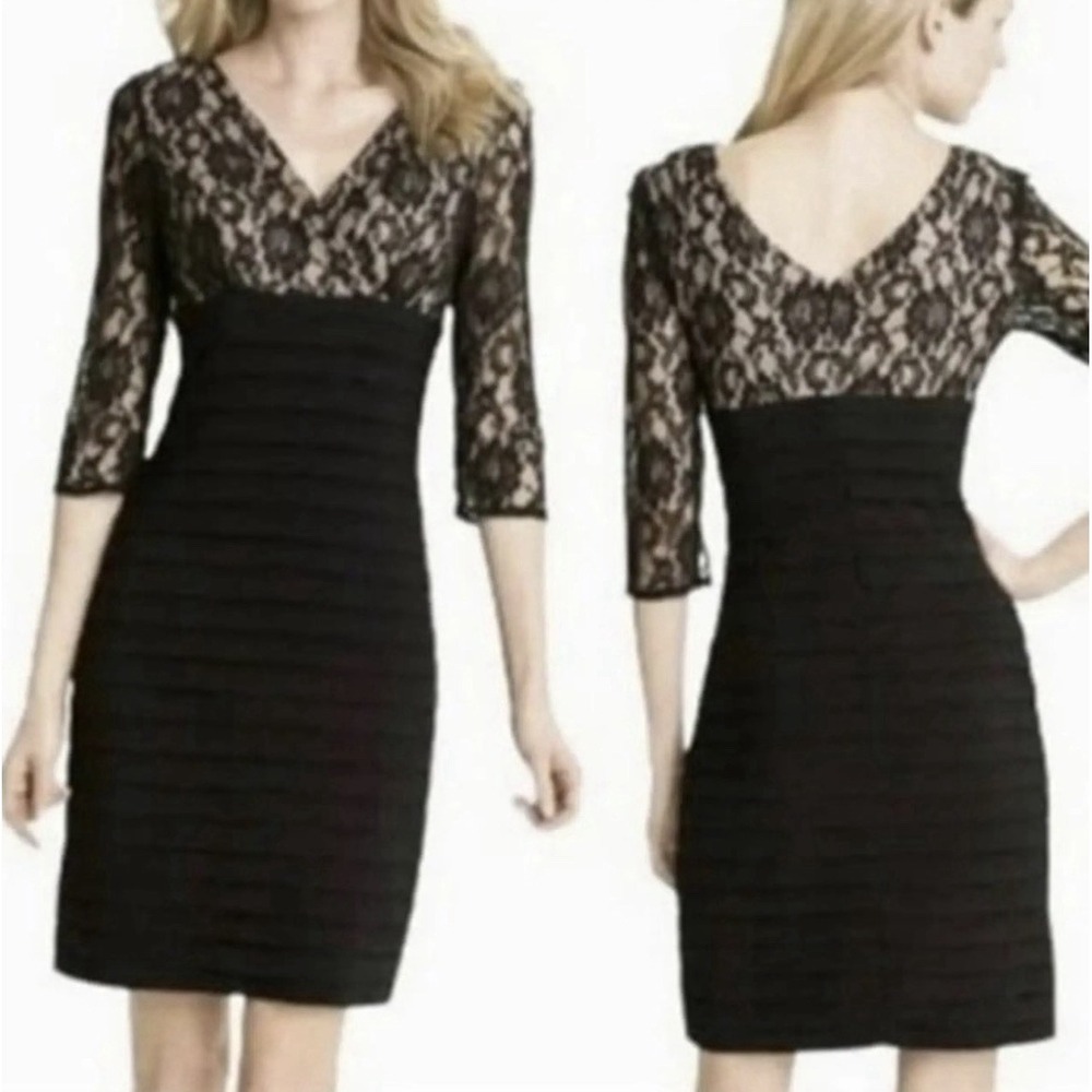Simply Liliana Women's Black Floral Lace Sheath V Neck‎ Long Sleeve Cocktail 16